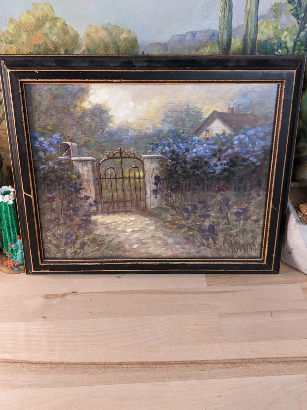 Framed Garden Gate Oil Painting with Blue Flowers